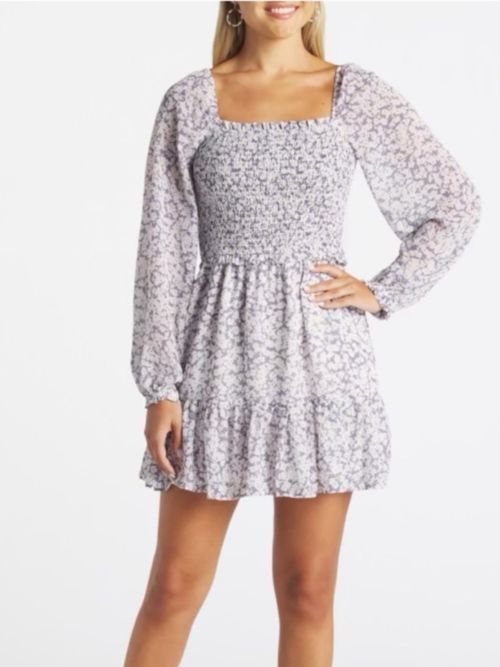 1. State White and Navy Floral Long Sleeve Mini Dress